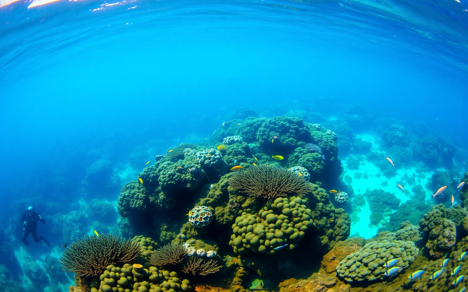 Underwater panorama of a Caribbean coral reef near Tela