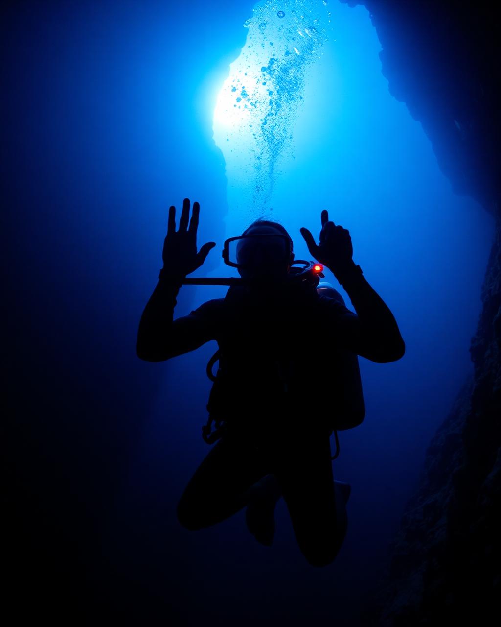 Certified scuba diver silhouetted against deep blue water near a reef wall
