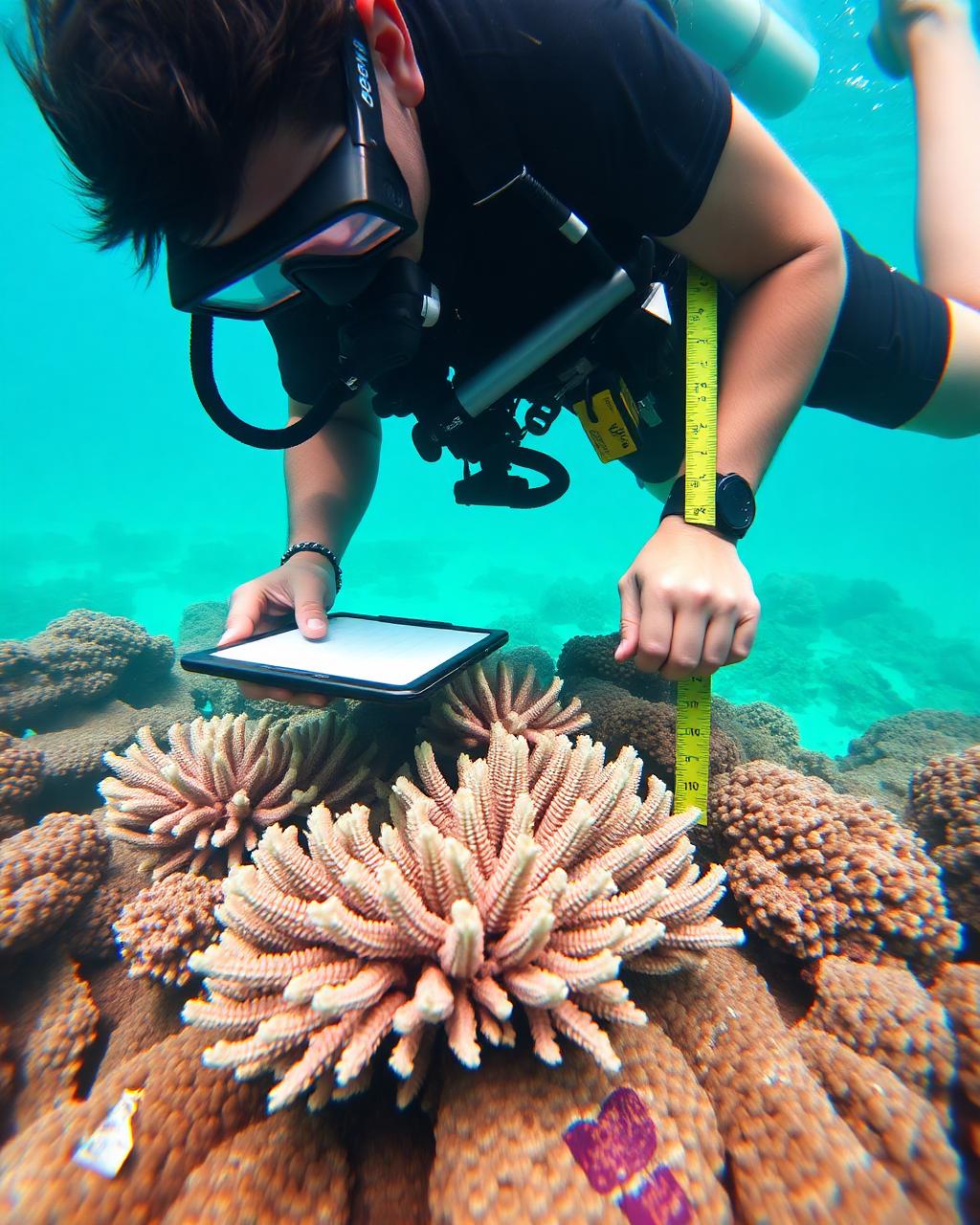 Diver documenting coral on a reef during a marine conservation dive