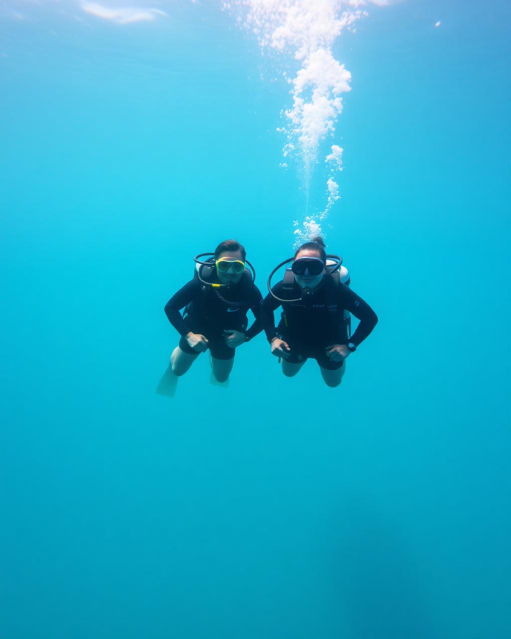 Two divers alone in calm clear tropical water on a private dive