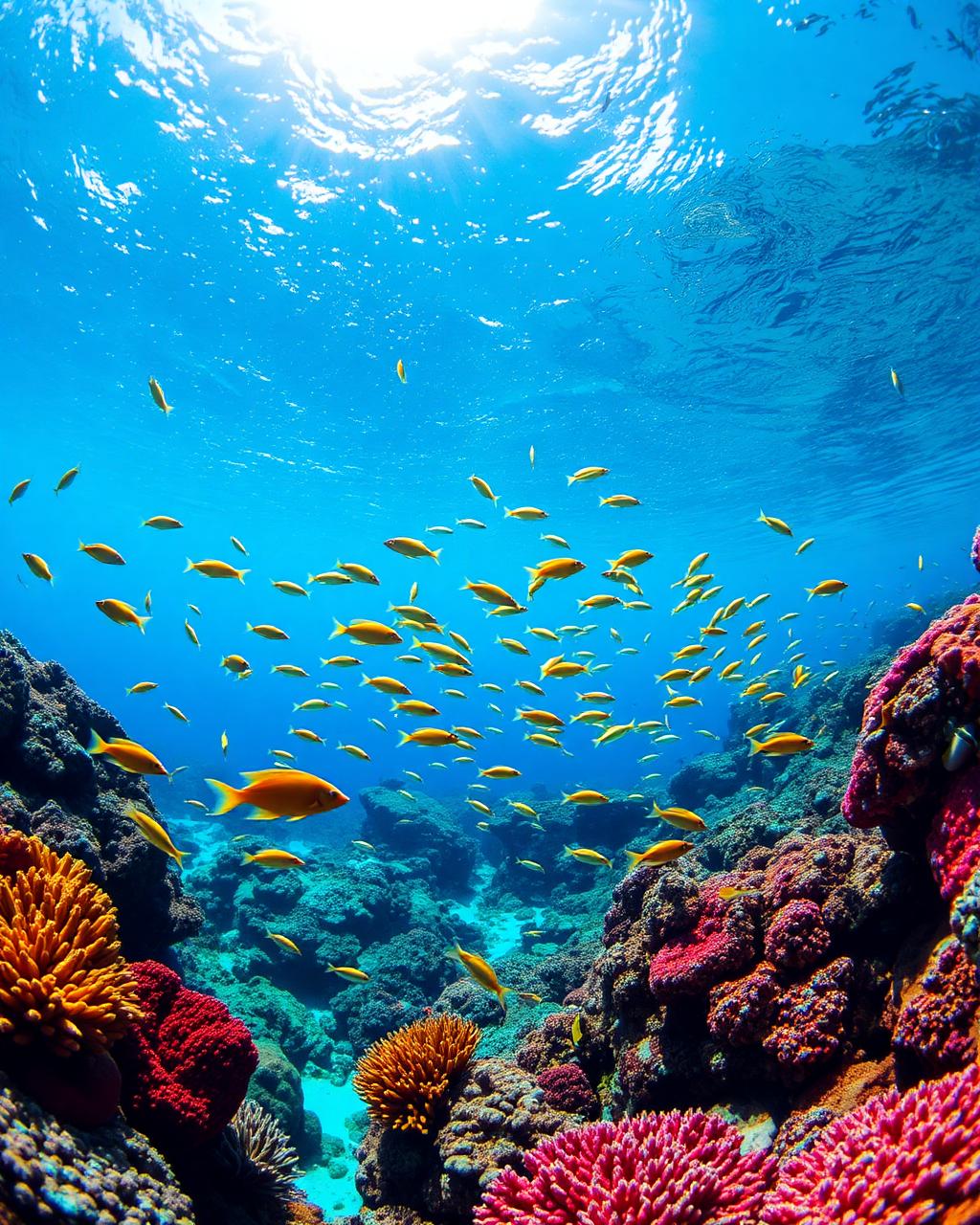 Colorful Caribbean coral reef with schools of tropical fish