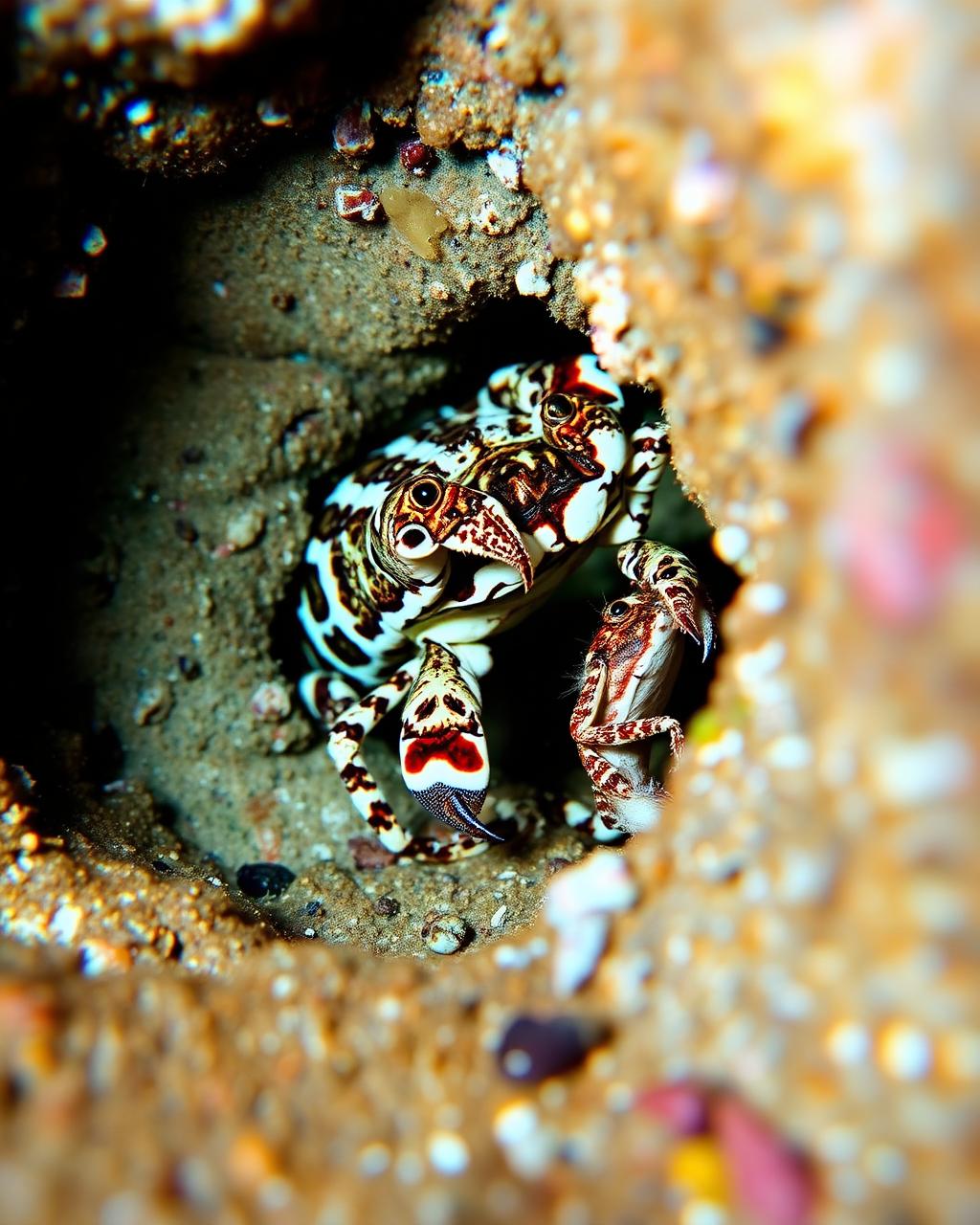 Crab sheltering inside a reef crevice