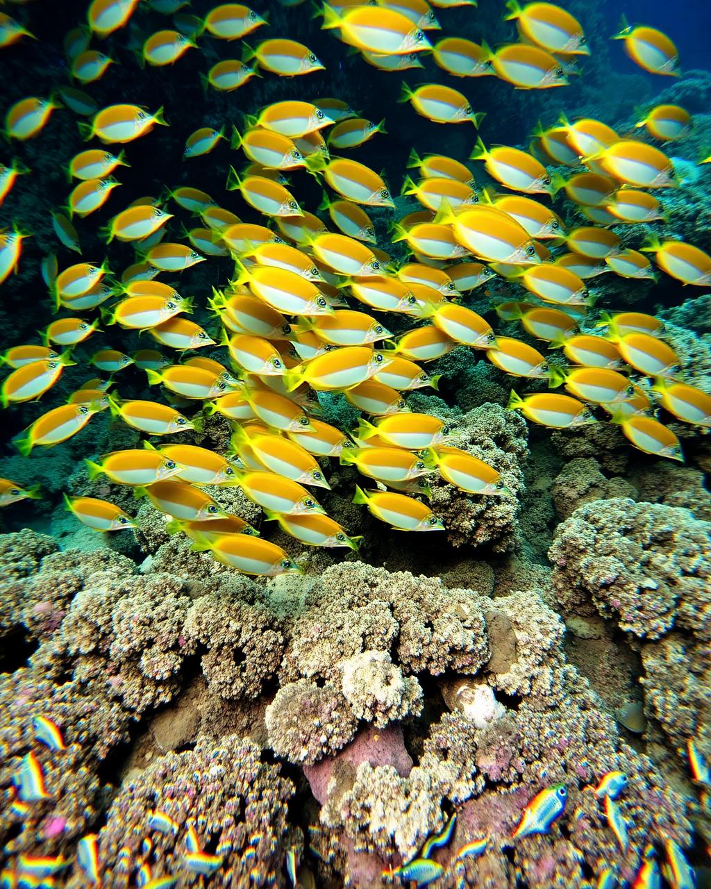 School of colorful tropical reef fish above coral