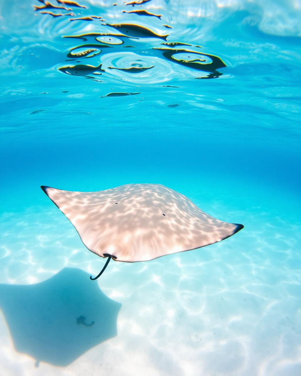 Stingray gliding over white sand in shallow turquoise water