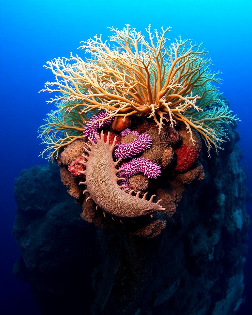 Sea fans and reef invertebrates on a deep blue reef ledge