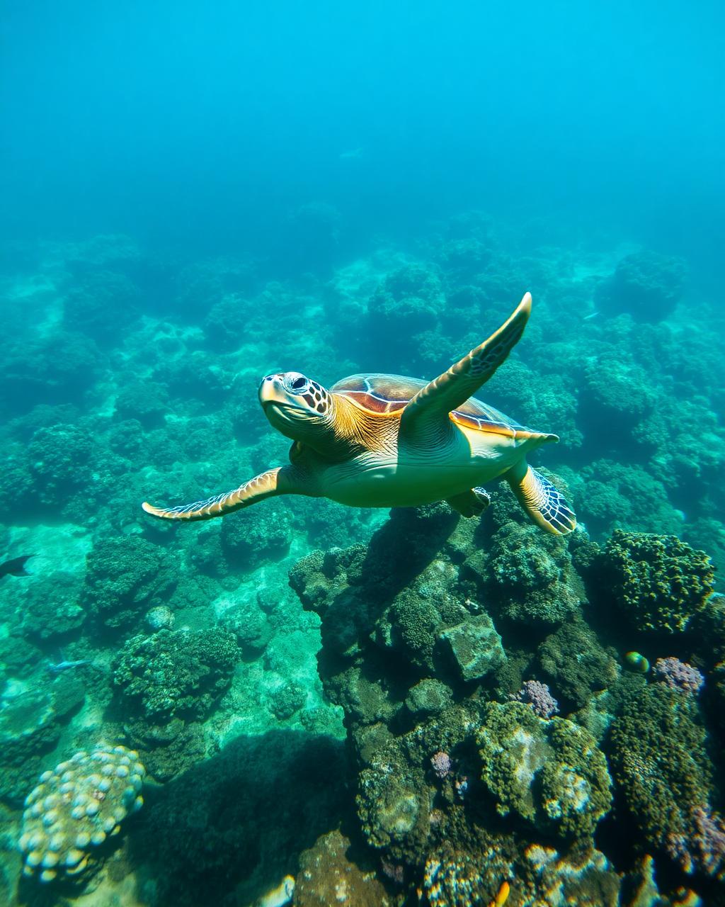 Green sea turtle swimming over a Caribbean coral reef